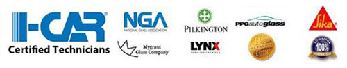 I-CAR Certified Logo, NGA Logo, Mygrant Glass Company Logo, Pilkington Logo, PPQ Auto Glass Logo, Sika Logo